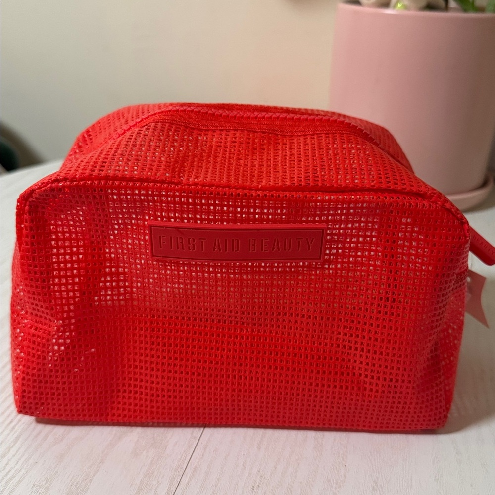 First Aid Beauty Bold Red Mesh Cosmetic Travel Toiletry Bag NWT